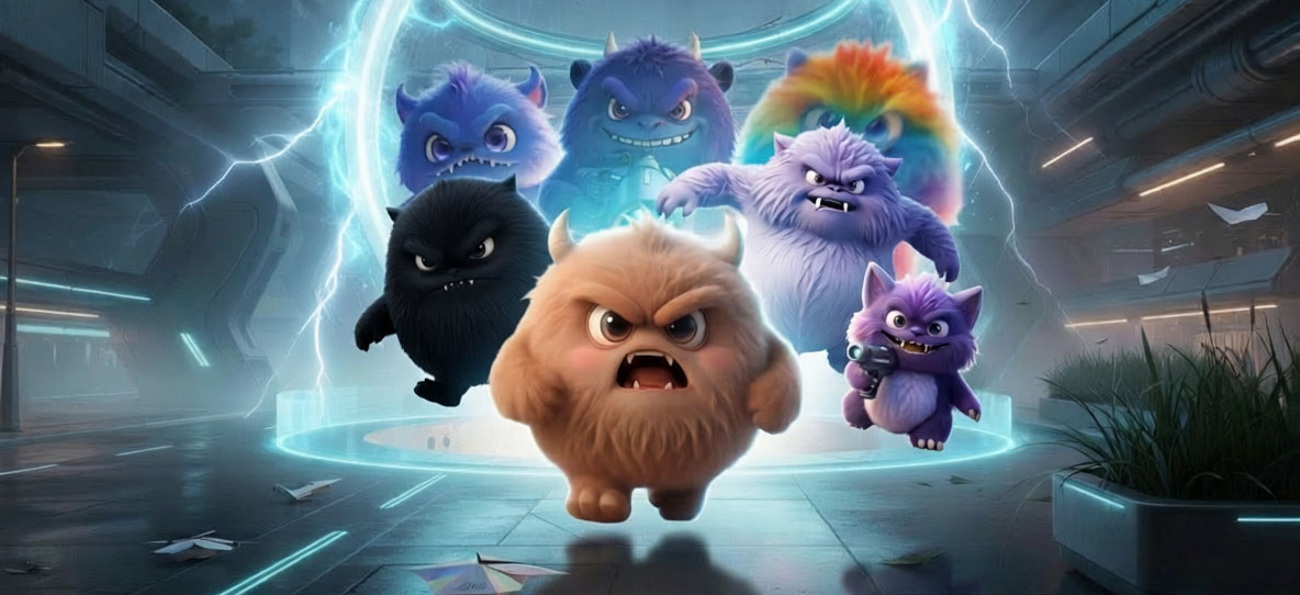 A pack of Fluffies monsters emerging from a glowing portal in a neon city street